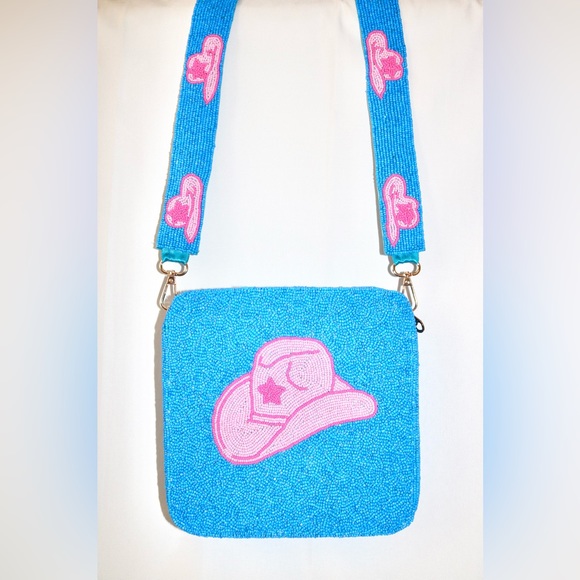 NEW BOUTIQUE HANDMADE BEADED CROSSBODY BAG PREPPY, BLUE COWBOY HAT DESIGN - Picture 1 of 11